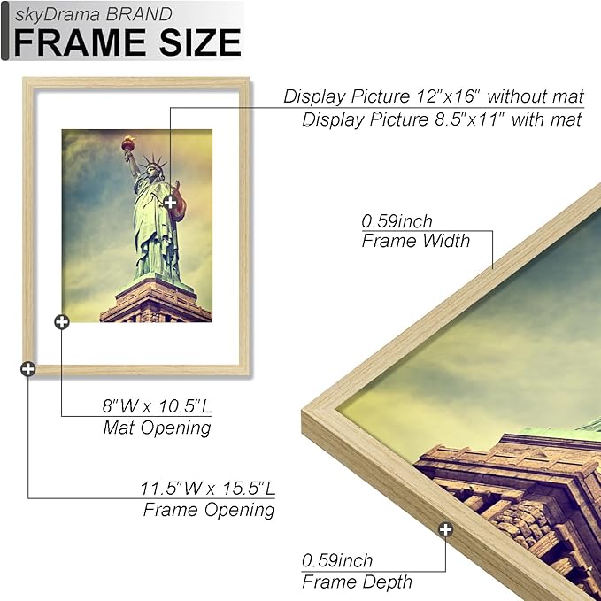 100% Solid Wood 12x16 Picture FrameS et of 5, Natural Oak Frame Display Photo 8.5x11 with Mat or 12 x 16 without Mat, 12 by 16 Frame Natural Wood Finish for Wall - 5 Pack/Natural/12 x16