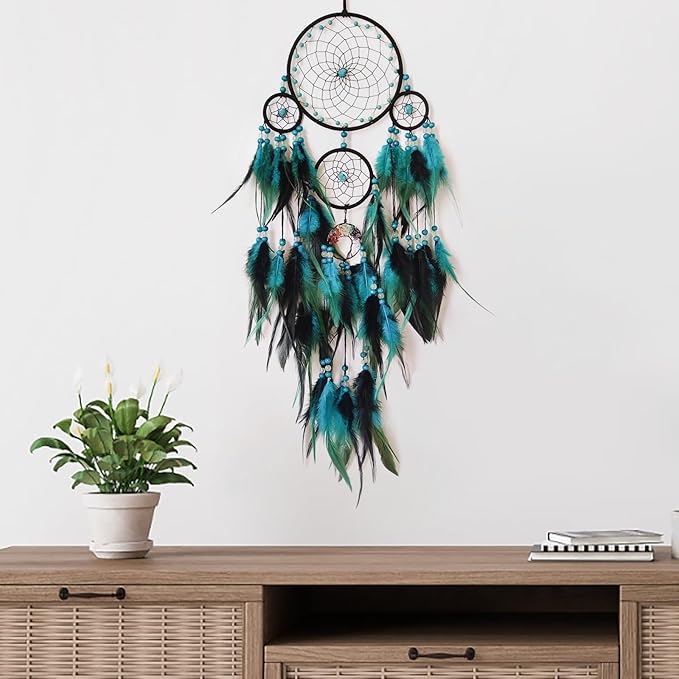 Blue and Black Dream Catcher with Crystal Tree of Life Large Dream Catchers Wall Decor Handmade Feather Dreamcatcher Wall Hanging Ornament for Bedroom Living Room Home Decor