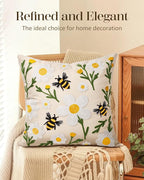 Embroidered Throw Pillow Cover 18x18 Inch - Spring Summer Boho Decorative Pillow Cover with Zipper for Living Room Couch Sofa Bed Aesthetic Design Flower Bee Cushion Pillowcase