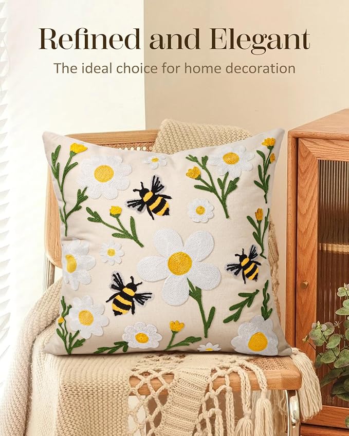 Embroidered Throw Pillow Cover 18x18 Inch - Spring Summer Boho Decorative Pillow Cover with Zipper for Living Room Couch Sofa Bed Aesthetic Design Flower Bee Cushion Pillowcase