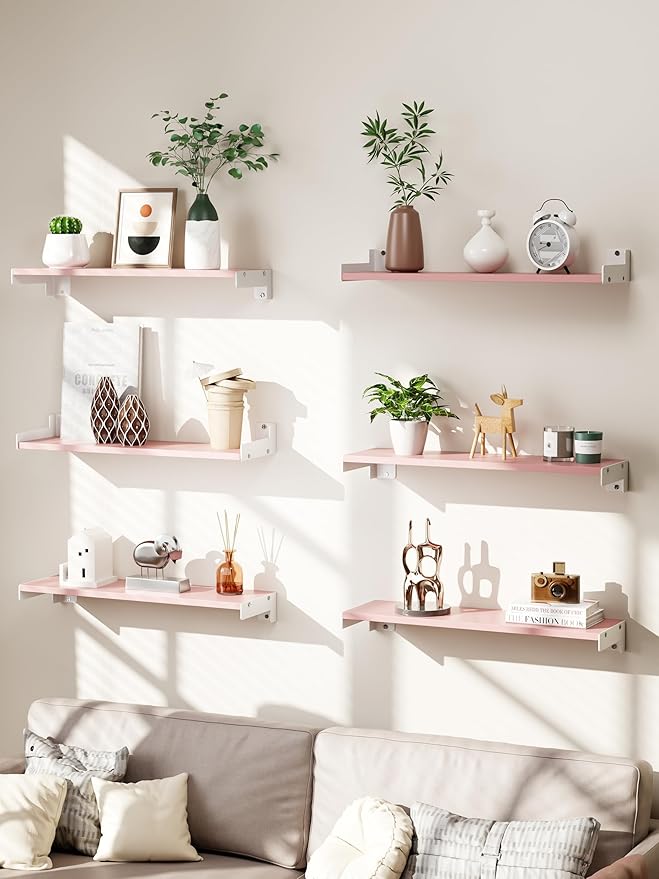 Floating Shelves for Wall, Shelves for Decor Storage Set of 6, Wall Mounted Wood Shelf for Bedroom, Living Room, Bathroom, Kitchen,Long Picture Ledge Shelves. (Pink)