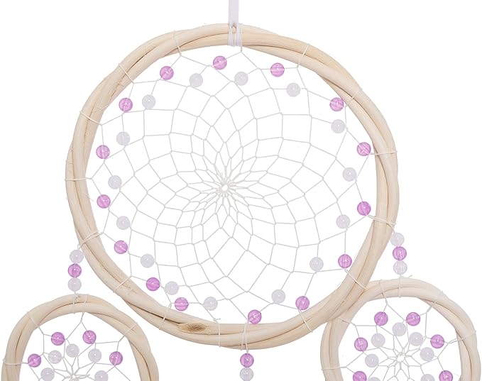 Large Rattan Dream Catchers - Light Purple Rooster Feather with Luxury Pearl, Multiring, Handmade Dreamcatcher for Bedroom, Dream Catcher for Girls, Dream Catchers for Boys, Dream Catcher Wall Decor