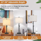 Adjustable Table Lamps for Bedroom Set of 2, 23''-30'' Height Adjusted Bedside Lamps with 2 USB Ports, Black Nightstand Lamps with Cream Linen Shade, Modern Industrial Living Room Lamp Set, Pull Chain