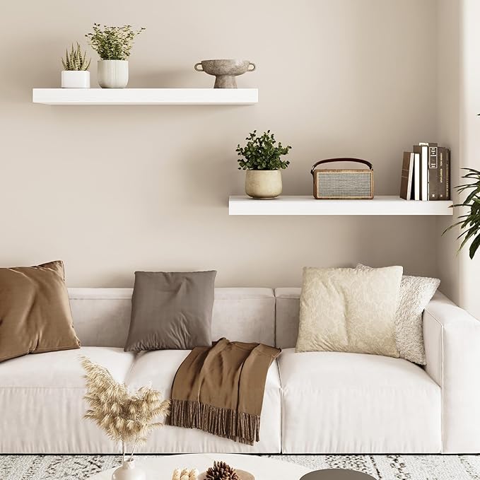Fixwal White Shelves, 22" Long Floating Shelves for Living Room, Bedroom, Bathroom and Kitchen, Wall Mounted Shelves for Storage, Books, Room Decor Set of 2