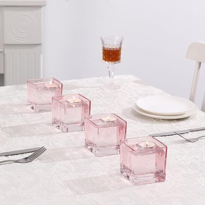 Square Flower Vases Set of 4, 3"x 3"x 3" Glass Vases for Centerpieces, Pink Vase for Flowers, Small Vase for Wedding, Party, Home Office Decoration