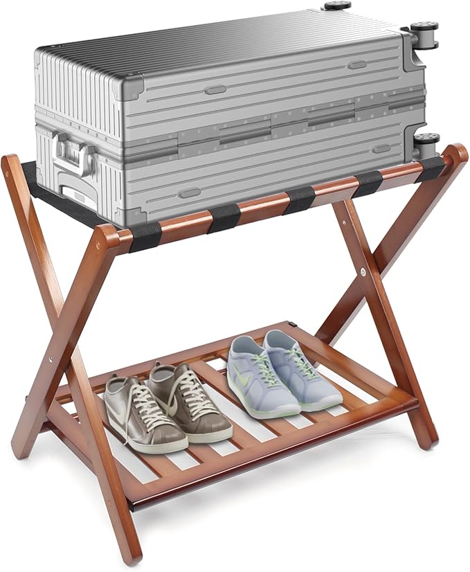 Smuxee Fully Assembled Walnut Luggage Rack, Upgraded Bamboo Foldable Suitcase Stand with 5 Nylon Straps, Luggage Holder with Shelf for Guest Room Bedroom Hotel