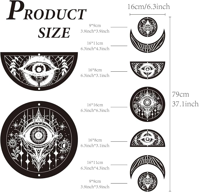 CREATCABIN 7Pcs Devil's Eye Moon Cycle Home Decor Bohemian Moon Phase Wall Hanging Ornament Wooden Moon Wall Vertical Decorative Hang for Bedroom Family Farmhouse Gallery Apartment Bar 37.1x6.3in