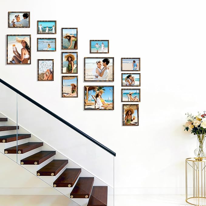15 Pack Picture Frames Collage Wall Decor, Brown Frame Set with 3pcs 8x10, 6pcs 5x7, 6pcs 4x6 for Gallery Display, Wall Mounting & Tabletop, Bulk Photo Frames for Living Room Decor