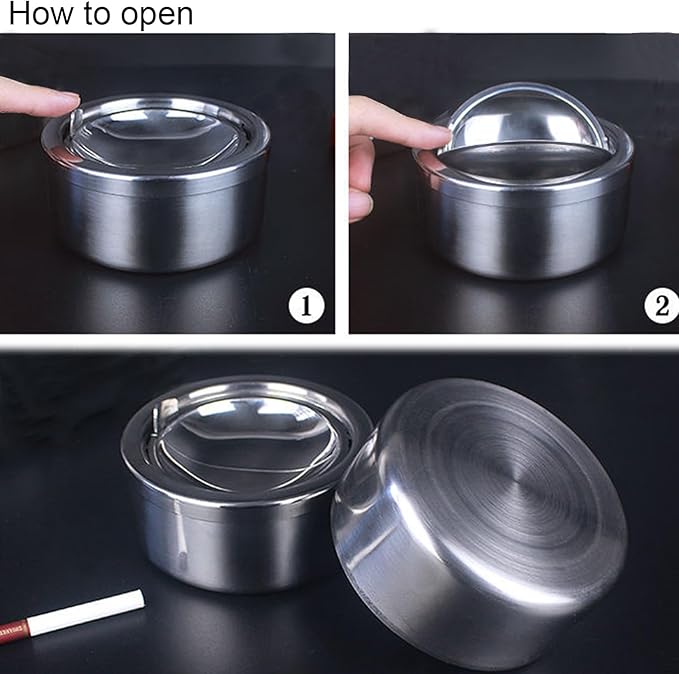 hanlongyu Outdoor Ashtray with Lid, Flip Top Stainless Steel Ash Tray, Metal Windproof Cigarette Ashtrays for Indoor or Outdoor Use, Desktop Smoking Ashtray Office Patio Home Decor