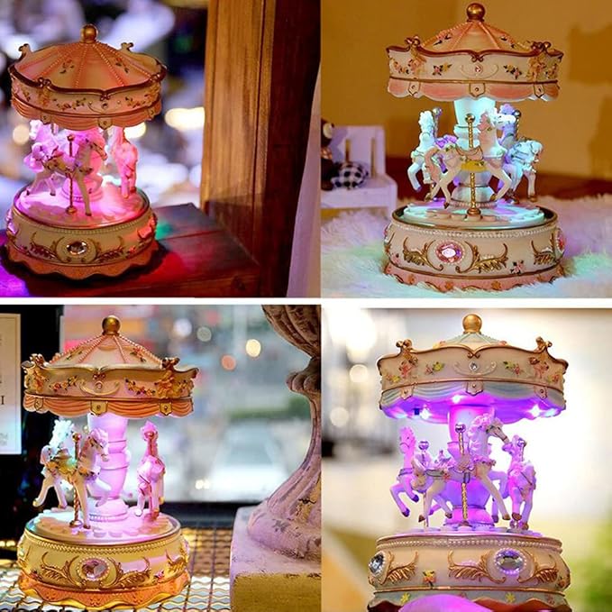 Carousel Music Box with 3 Rotating Horses, Color-Changing LED Lights, Wind-Up Clockwork 18-Note Melody, Small Resin Tabletop Decor, 5.9" Tall x 3.93" Dia (Pink)