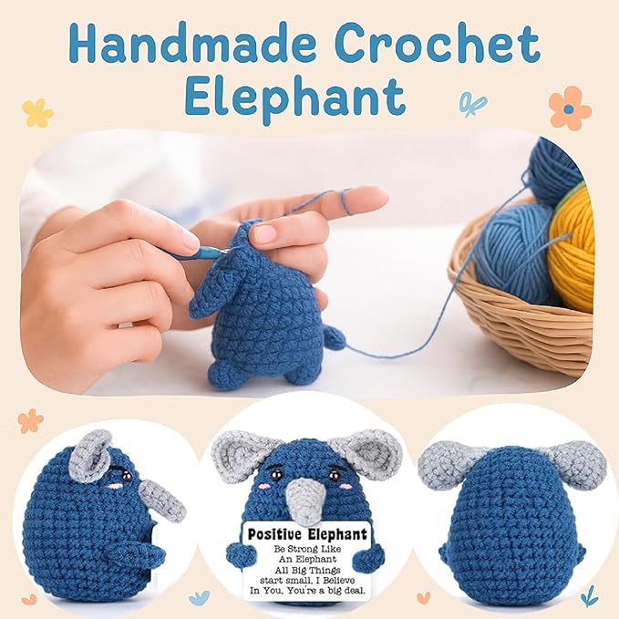 Mini Crochet Elephant Gift with Positive Card, Handmade Emotional Support Animal Doll, Cute Cheer Up Encouragement Gift for Women Men Friends, Graduation Birthday Desk Decor