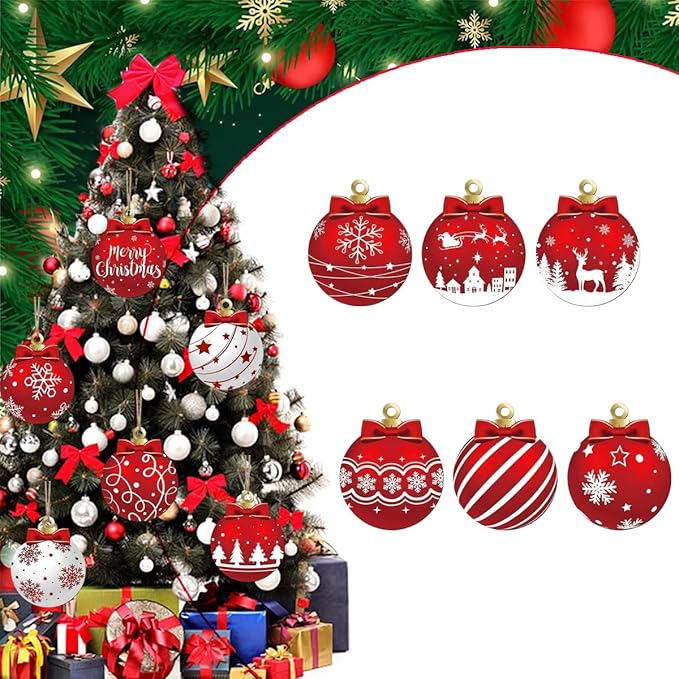 12Pcs Red and White Christmas Ball Design Hanging Wooden Ornaments Set - Festive Winter Holiday Tree Decorations with Merry Christmas Snowflakes, Reindeer, Santa Designs