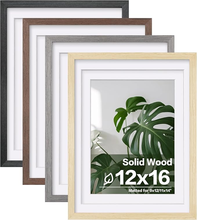 Egofine 12x16 Picture Frame Set of 4, Made of Solid Wood Multicolor Photo Frame Covered by Plexiglass 9x12 and 11x14 with Mat or 12x16 without Mat, for Wall Mounting Mixed Colors
