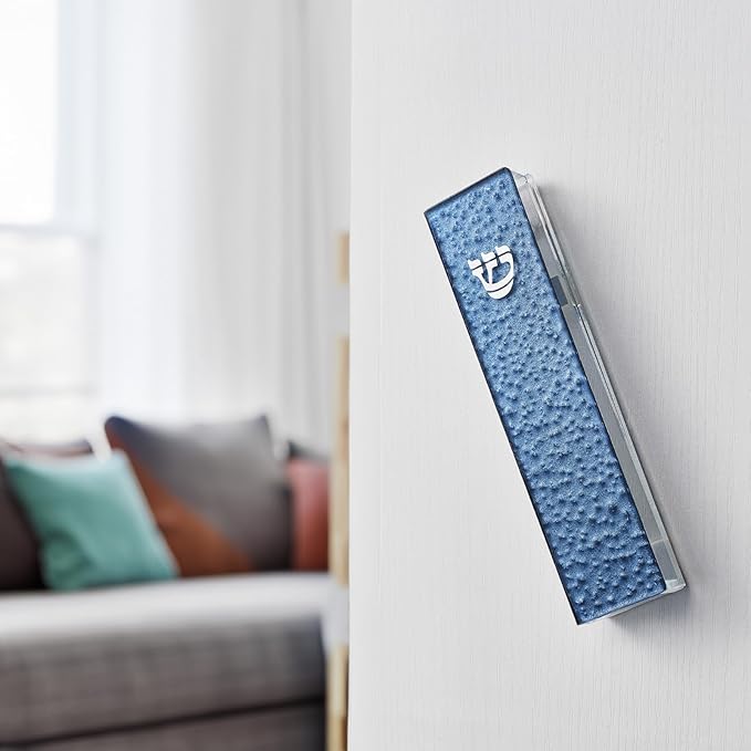 Rite Lite Blue Pebbled Glass Art Mezuzah Cover Handcrafted with Silver Accents, Gradual Blue Color Design – Elegant Home Decor, Easy Mounting Tape for Hanging on Door or Wall, Art for Your Entryway