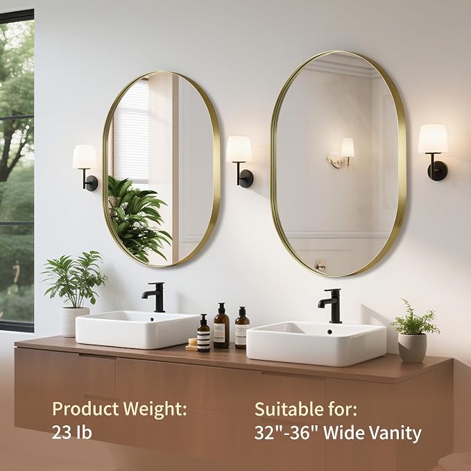 Gold Oval Mirror, 26"x38" Oval Bathroom Mirror, Brushed Gold Mirror with Aluminium Alloy Frame, Anti-Rust, Tempered Glass