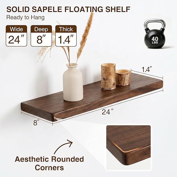 24 Inch Floating Shelves, Solid Wood Wall Shelves, 8 Inch Deep Floating Shelf – for Bathroom, Bedroom, Living Room, Kitchen, Home Decor & Storage, Heavy-Duty Wooden Shelf Wall-Mounted, Set of 2