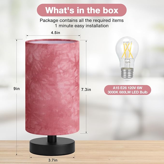 Fenmzee Small Table Lamp for Bedroom - Inline Control, Bedside Lamp with 3000K A15 LED Blub, Easy Assembly (Pink Shade - Black Base, 9" Inline Control)