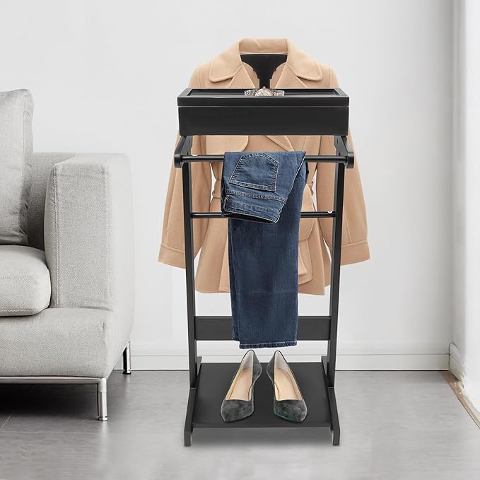 Suit Valet Stands for Women and Men Clothes Wood Valet Stand with Base Freestanding Clothing Organizer Valet Stand Contour Hanger Trouser Bar Belt Hooks for Office Living Room (Black)