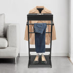 Clothes Valet Stand Holder for Men Suit Coat Rack Hanger Stand, Suit Valet Stand for Men and Women, Wood Clothes Stand with Top Tray and Storage Organizer, Clothes Trouser Bar Rack (Black)