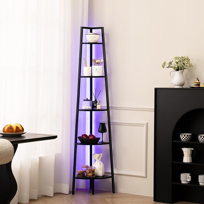Yoobure Corner Shelf Stand, 5-Tier Bookshelf with LED Lights & Steel Frame, Tall Storage Shelves for Living Room, Bedroom, Office, Multi-Purpose Display Bookcase