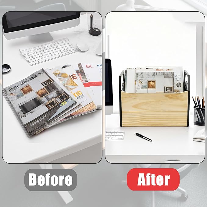 Wood Magazine Holder, Rustic Magazine Storage Rack Floor, Decorative File Book Organizer Basket for Desktop, Newspaper, Mails, Files (Recommend Drill Installation)