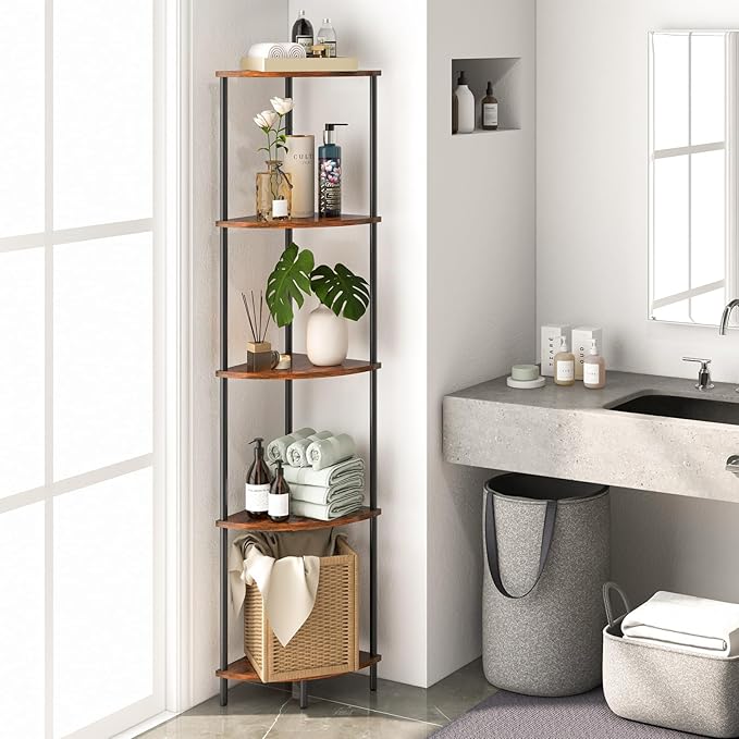 Yoobure Corner Shelf Stand, 5-Tier Bookshelf, 65" Tall Shelves for Bedroom, Living Room, Narrow Display Shelf Bookcase, Rustic Book Shelf with Display Shelves for Office