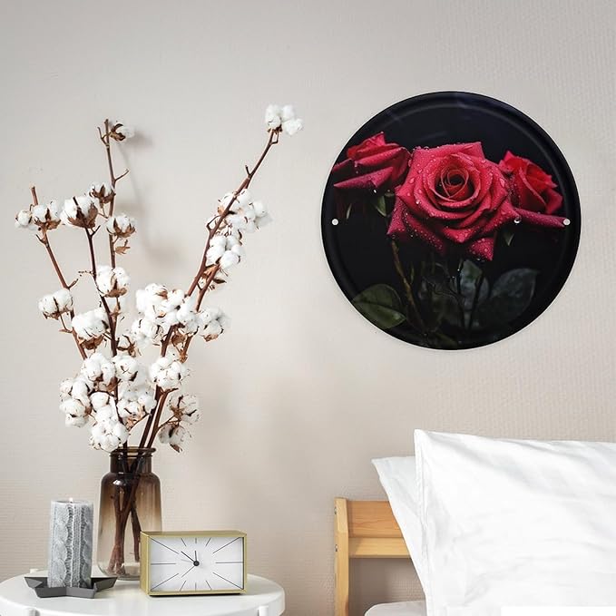 Wall Picture, with Red Rose and Black Leaves Printed Circular Iron Hanging Picture,Wall Art Decor,Home for Bedroom Living Room Bathroom Decor,Iron Painting 11.8X11.8 in