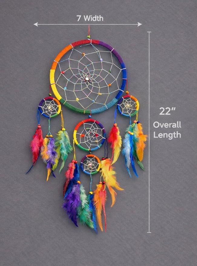 OMA Rainbow Chakra Dream Catcher Wall Decor – Handcrafted Dream Catcher with Multicolor Tie Dye Feathers for Bedroom, Living Room, Dorms & Gift – 7" Diameter x 22" Long