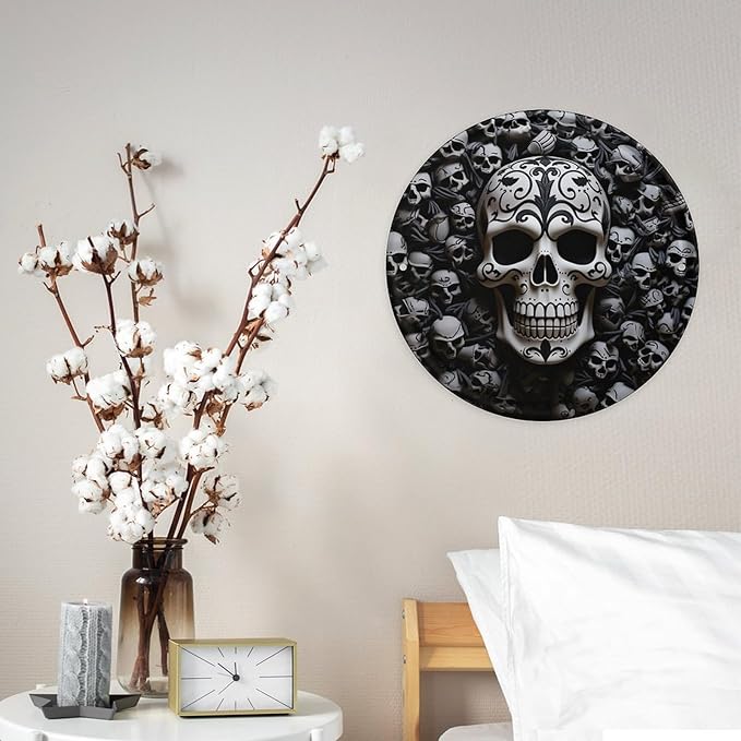 Wall Picture, with Black and White Skulls Printed Circular Iron Hanging Picture,Wall Art Decor,Home for Bedroom Living Room Bathroom Decor,Iron Painting 11.8X11.8 in