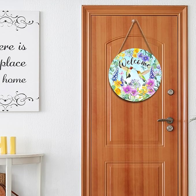 Welcome Spring Summer Hummingbird Front Door Sign Decor 12"x12" Spring Floral Flowers Wood Door Hanger for Outdoor Outside Porch Seasonal Farmhouse Wooden Wreath Wall Hanging Sign for Home Yard