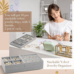 Set of 10 Stackable Jewelry Organizer Trays for Drawer 14 Inch Velvet Jewelry Drawer Insert Display Storage with Removable Divider for Necklace Earring Ring Watch Bracelet (Gray)