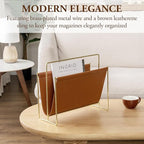 MyGift Magazine Holder Magazine Rack Floor 15-Inch Modern Brown Leatherette & Brass Plated Metal Floor Standing Faux Leather Sling Style Newspaper Rack for Home, Bathroom, Office Decor