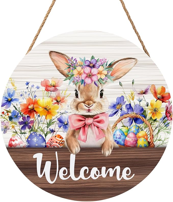 Hello Spring Easter Bunny Rabbit Sign for Front Door 12”x12” Summer Welcome Easter Wood Door Hanger for Outdoor Outside Porch Farmhouse Flowers Wooden Wreath Indoor Outdoor Wall Hanging Decoration