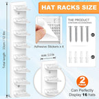 2 Pack Hat Organizer for Baseball Caps, Hat Rack for Wall, Strong Adhesive & Screw-in Cap Holder hat hangers for Closet Door & Bedroom