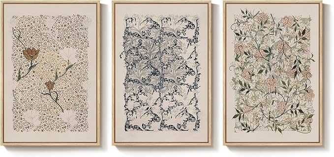 Framed William Morris Canvas Wall Art for Living Room, Set of 3 Large Neutral Floral Botanical Prints, Vintage Rustic Boho Pictures for Bedroom Hallway Office, 16x24 Inch