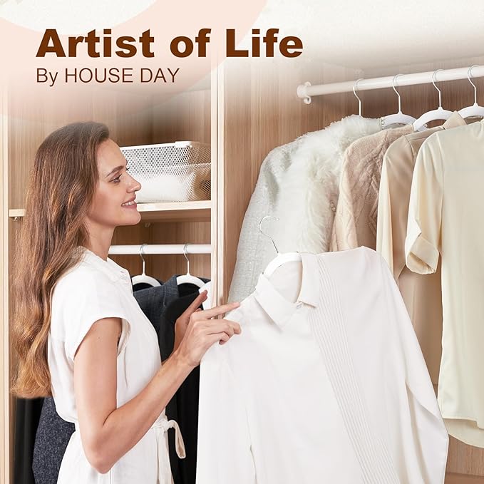 HOUSE DAY Heavy Duty Plastic Hangers 50 Pack, Non Slip Clothes Hangers with Rubber Grip and 360° Hook - Thin Plastic Hanger Space Saving - Coat Hanger White, Closet Organizer for Shirt, Pants, Suit