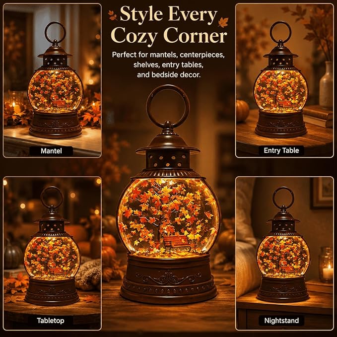 Fall Snow Globe Lantern with Swirling Maple Leaf Glitter 6H Timer Battery & USB Powered Fall Decor Autumn Snow Globe for Thanksgiving, Home, Tabletop Decoration