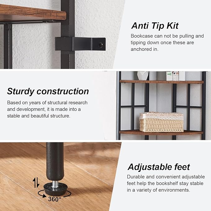 HOMISSUE Corner Shelf, 6 Tier Tall Narrow Bookshelf 76.9", Industrial Corner Bookcase with Storage for Home Office Living Room and Bedroom, Rustic Brown