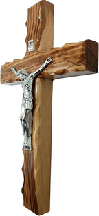 Zuluf 7.8" Olive Wood Latin Cross with Silver Plated Crucifix Christian Wall Gift from Bethlehem Holy Land CRS064
