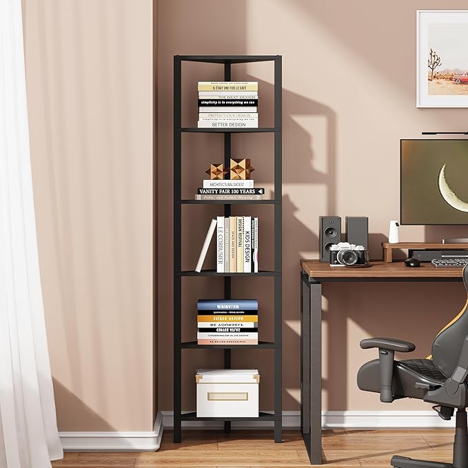 TUTOTAK Corner Shelf, 6-Tier Corner Bookshelf for Small Space, Narrow Display Corner Shelf Stand with Storage Rack, for Living Room, Bedroom, Black BS05BK006