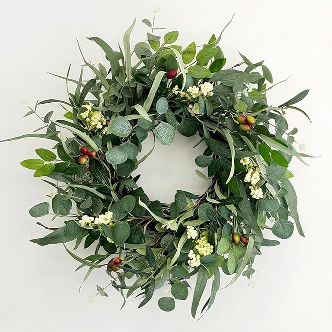 Jobflower 24 Inch Eucalyptus Wreath for Front Door, Artificial Greenery Wreath with Olive Fruit & Berries, Lush All Seasons Farmhouse Wall Decor for Spring Summer Year Round Outside Inside