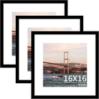 16x16 Picture Frame 3 Pack - Black Poster Frame Display Pictures 12x12 with Mat or 16 x 16 Without Mat for Wall Hanging Horizontal and Vertical