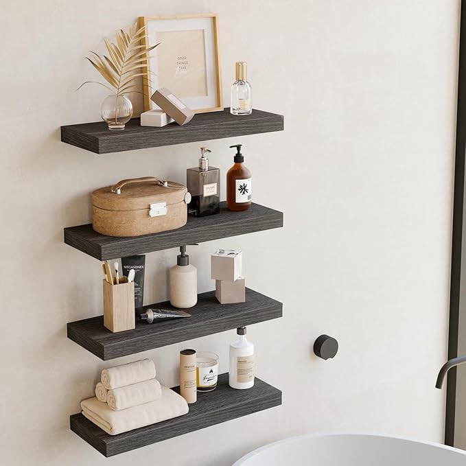 Fixwal 15.7in Floating Shelves, Rustic Wood Finish Wall Shelves Set of 4, Shelves for Wall Decor, with Invisible Brackets for Bathroom, Living Room,Bedroom and Kitchen(Gray)