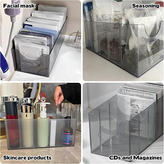 3 Pack Acrylic Belt Organizer Clear Stackable Belt Storage Holder Purse Organizer for Closet - 5 Compartments with Removable Dividers,Display Case Pantry Cabinet Organizers for Ties,Socks,Grey