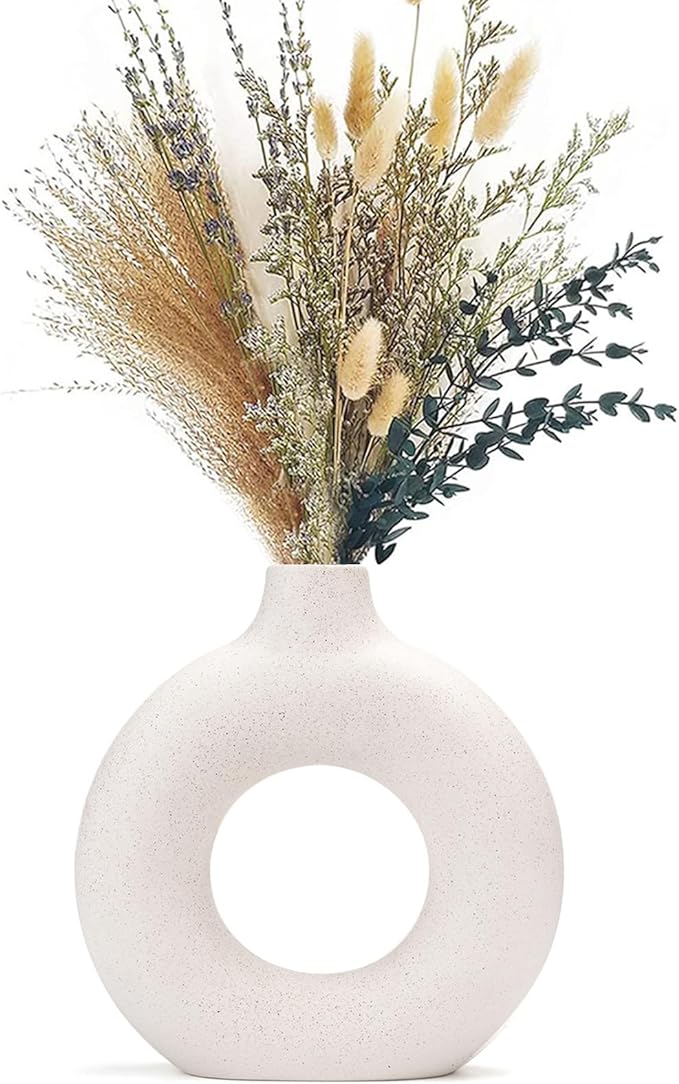 CEMABT White Donut Vase Hollow Ceramic Vase for Flowers Handmade Minimalist Boho ins Style Modern Home Decor for Wedding Dinner Table Party Living Room Office Bedroom(S)