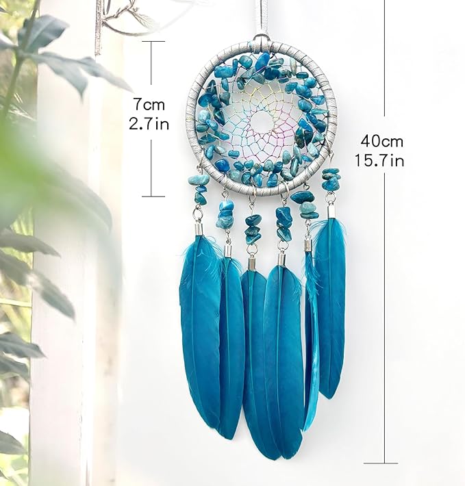 Car Rear View Mirrior Hanging Accessories Blue Dream Catcher Small, Crystals Stones Feather Pendant Interior Rearview Mirror Decoration