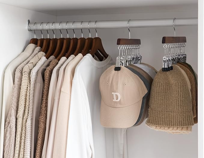 StorageWorks Hat Rack, Closet Organizer and Storage for Baseball Caps,Set of 2 with 10 Adjustable Stainless Steel Clips, Fits All Caps, Natural Walnut Color