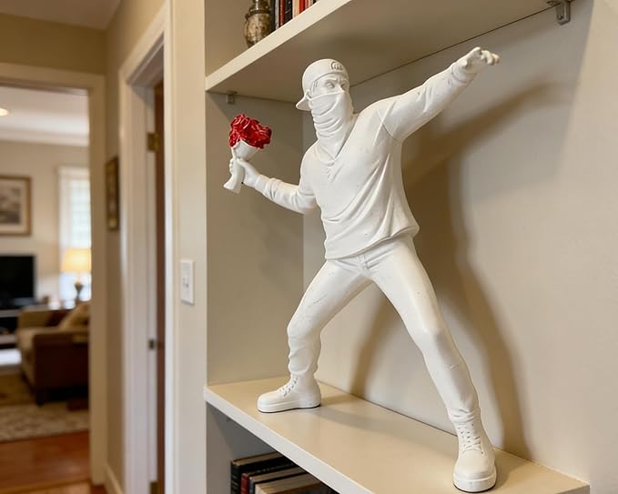 Banksy Flower Thrower Sculpture, 8.5 inch White Banksy Street Graffiti Art Statue Replica, Inspirational Sculpture Gifts Peace Hope