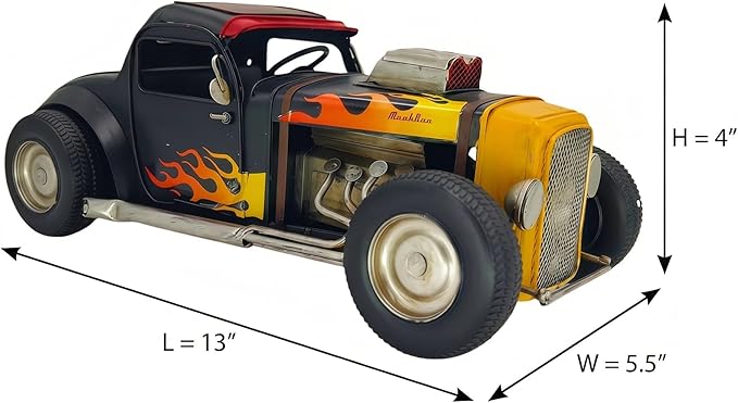 GENUINQ Vintage Hot Rod Metal Car Model Retro Classic Car Decor, Handmade Collectible Vehicle Figurine with Flame Design for Home, Office, Man Cave Decor & Gift