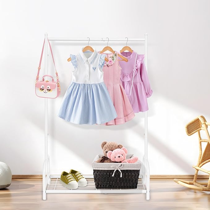 Kids Clothing Rack, Small Clothes Shelf with Metal Storage Shelf, Kids Dress Up Storage Rack, (White)
